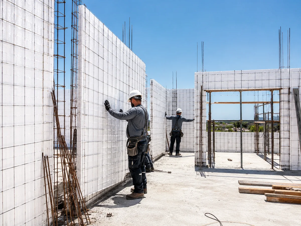 Equipe instalando painel monolítico em EPS em uma obra